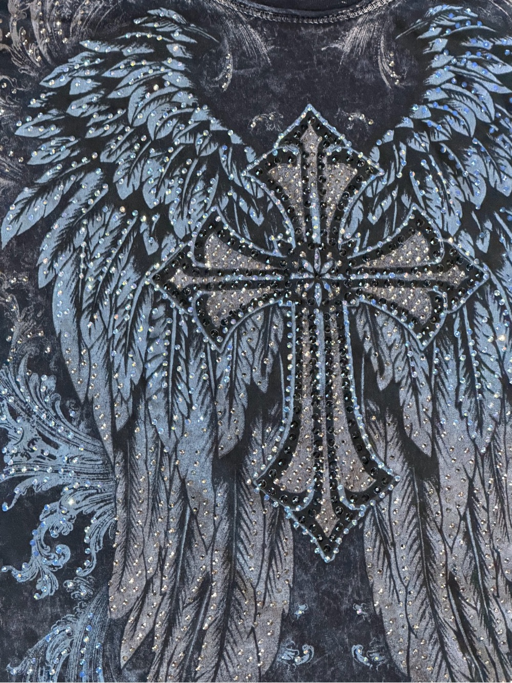 Voice of California Y2K Rhinestone Cross Angel Wings Graphic Tee Gray S - Picture 2 of 9
